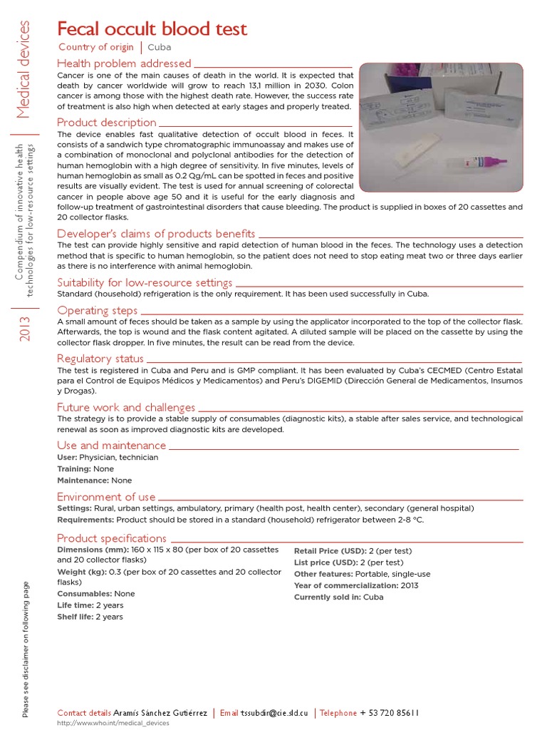 Fecal Occult Blood Test: Health Problem Addressed | PDF | Colorectal ...