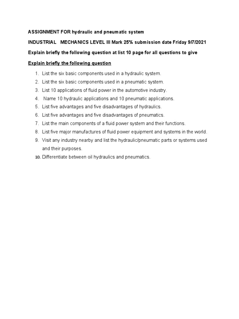 ASSIGNMENT For Hydraulic and Pneumatic System PDF