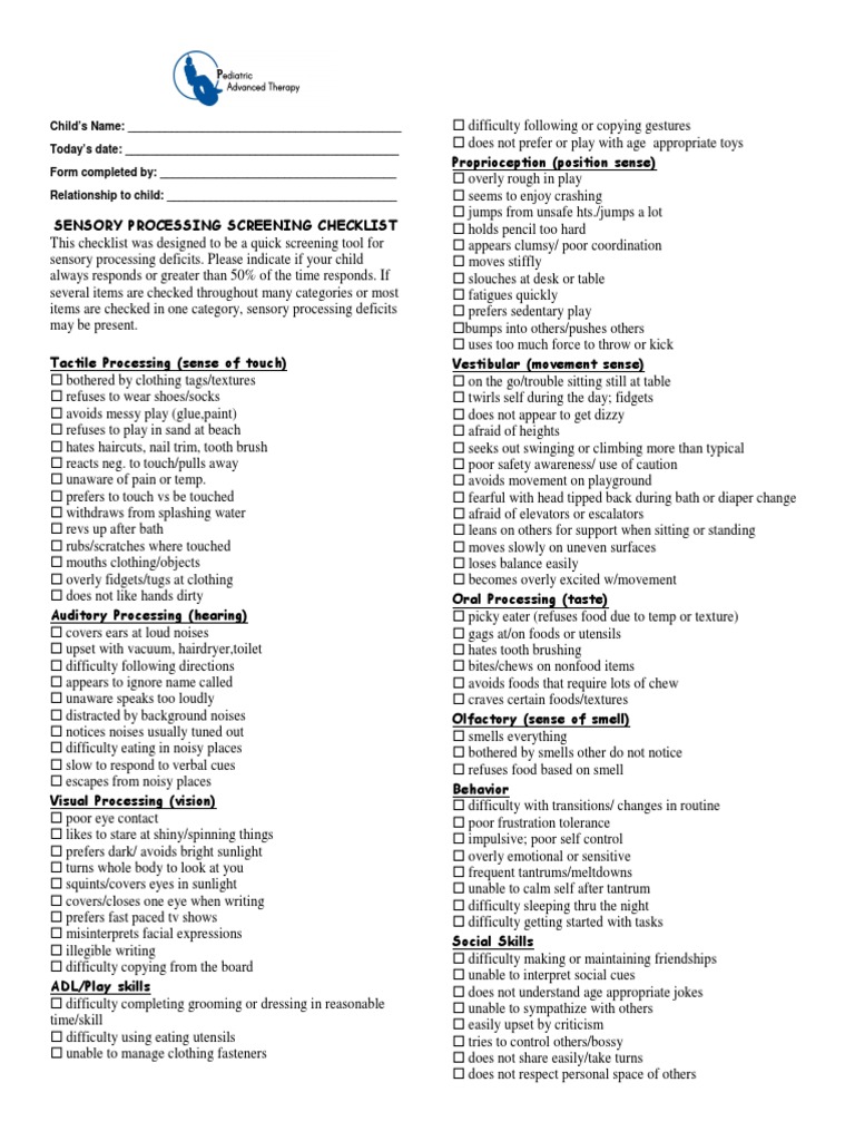 Pat Sensory Processing Screening Checklist Smaller PDF Olfaction Senses