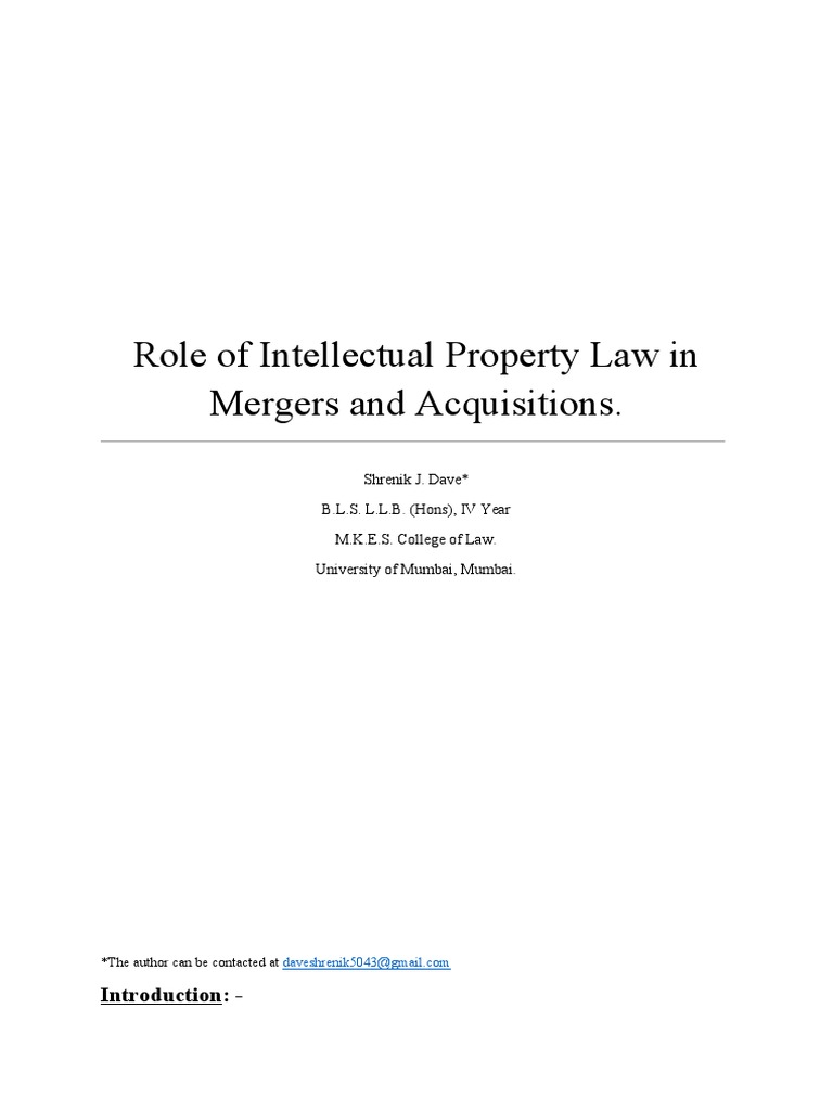 Role of Intellectual Property Law in Mergers and Acquisitions PDF Intellectual Property