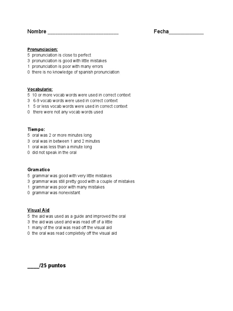 Spanish Oral Presentation Grading Rubric | PDF | Language Arts & Discipline
