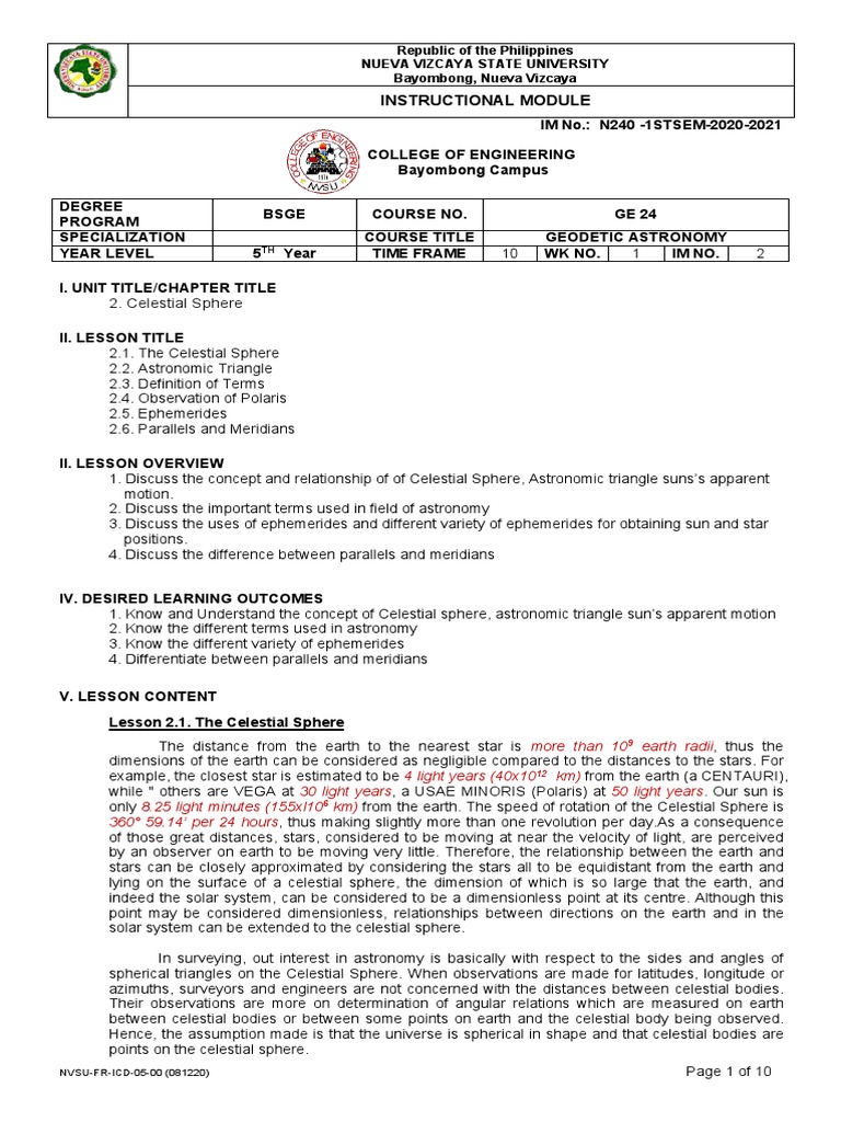 Module 2 Celestial Sphere Pdf Equator Latitude