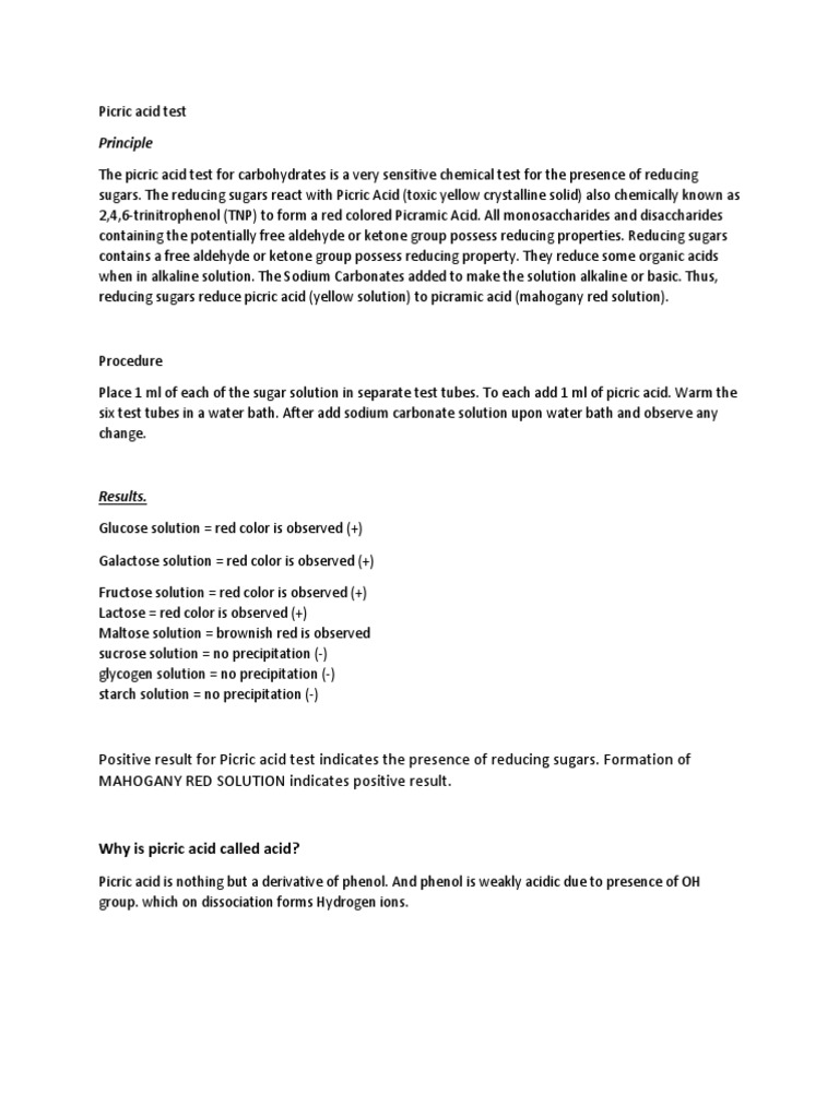 Picric Acid Test for Reducing Sugars | PDF