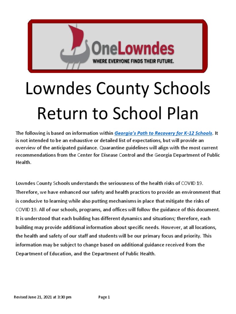 Lowndes County Schools Return To School Plan | PDF | Hand Washing | Public  Health