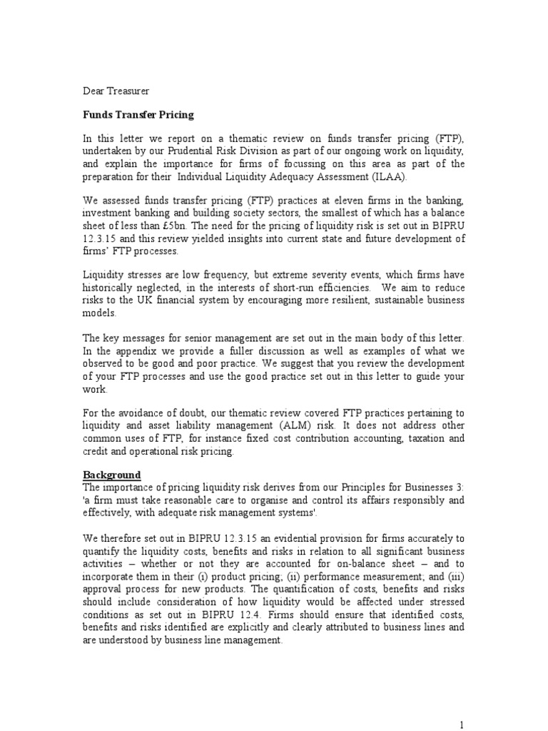 FTP Treasurer Letter | PDF | Market Liquidity | Risk Management