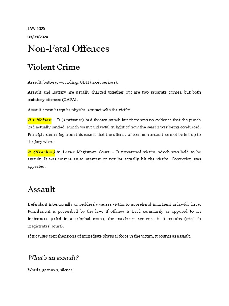 Criminal Law Non-Fatal Offences Assault & Battery Notes | PDF | Assault ...