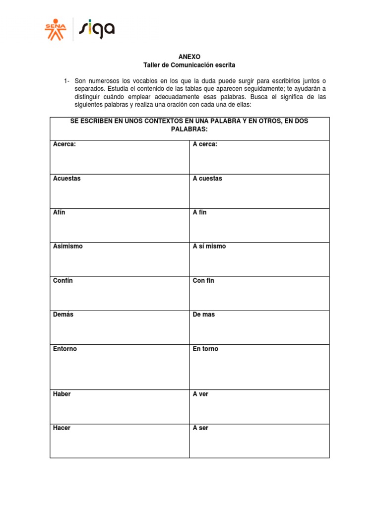 Taller de Comunicación Escrita: Ejercicios | PDF | Sílaba | Voz humana