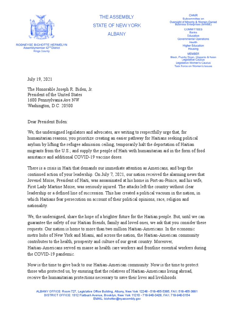 Letter To President Biden From New York Assemblymember Bichotte With ...