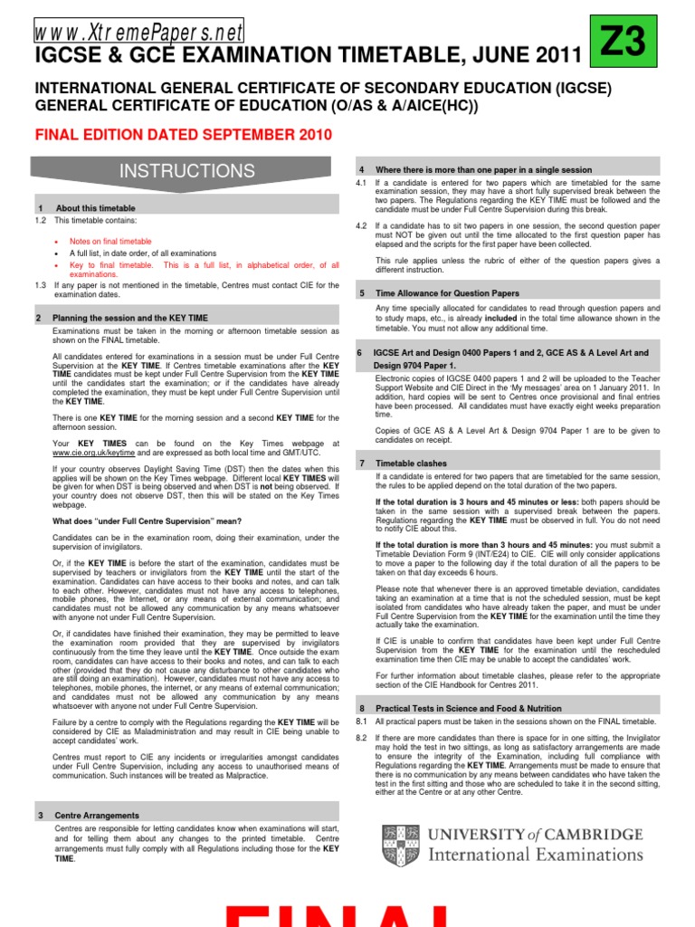 June 2011 Final IGCSE GCE Timetable (Zone 3) PDF Daylight Saving