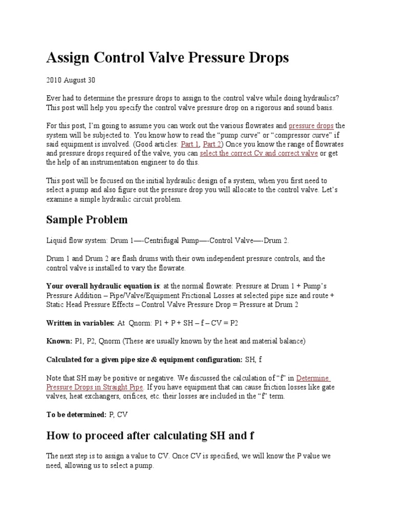 Assign Control Valve Pressure Drops Sample Problem PDF Pump Gases