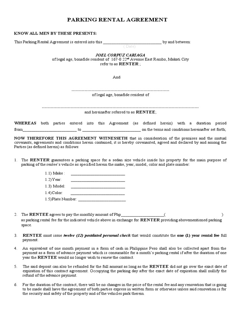 Parking Space Rental Agreement | PDF | Renting | Law And Economics
