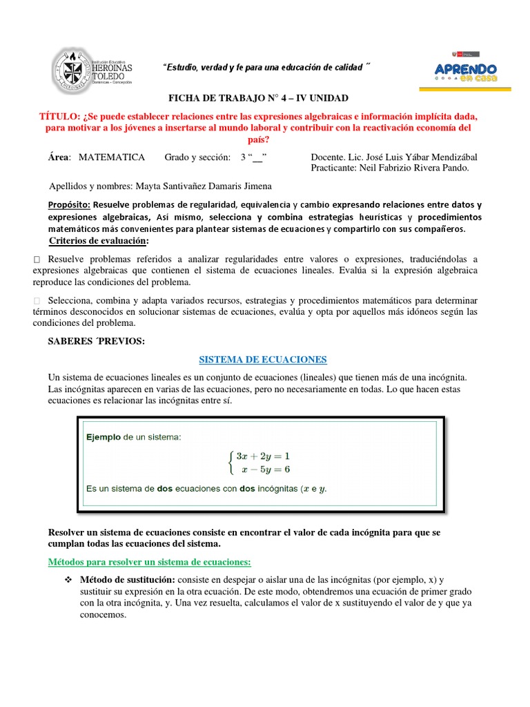 Ficha de Trabajo | PDF | Sistema de ecuaciones lineales | Ecuaciones, image size:768x1024