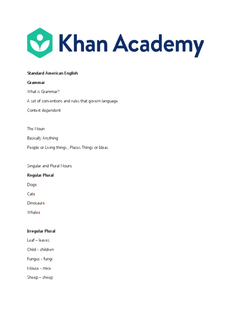 Khan Academy English Grammar Overview | PDF | Plural | Grammatical Number