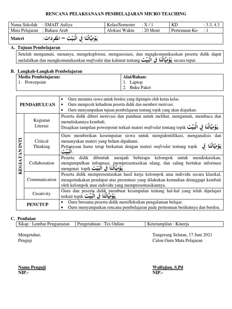 RPP Micro Teaching Bahasa Arab | PDF | Karier & Perkembangan ...