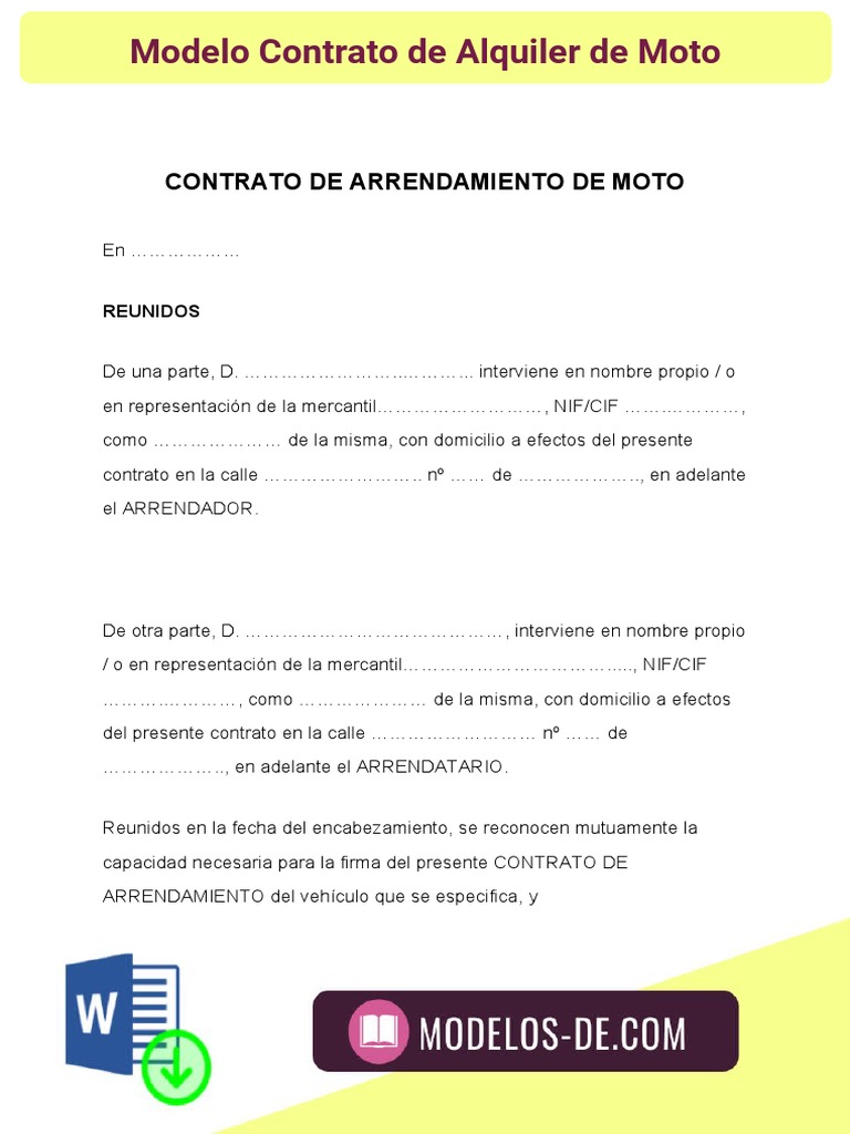 Modelo Contrato Alquiler de Moto | PDF | Póliza de seguros | Transporte