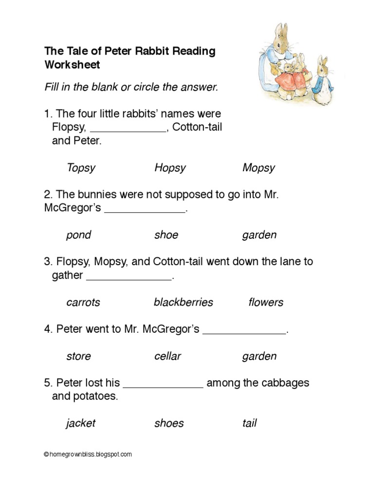 Peter Rabbit Reading Worksheet