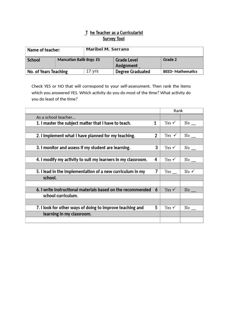 Teacher Self-Assessment Survey Tool | PDF | Educational Stages | Curriculum
