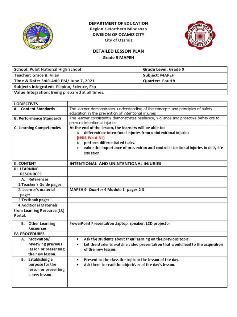 DLP G9 Intentional and Unintentional Injuries | PDF | Lesson Plan