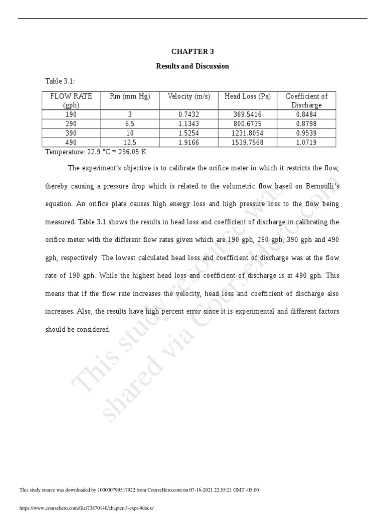 Analysis of Flow Rate, Head Loss, and Coefficient of Discharge for an Orifice Meter PDF Flow