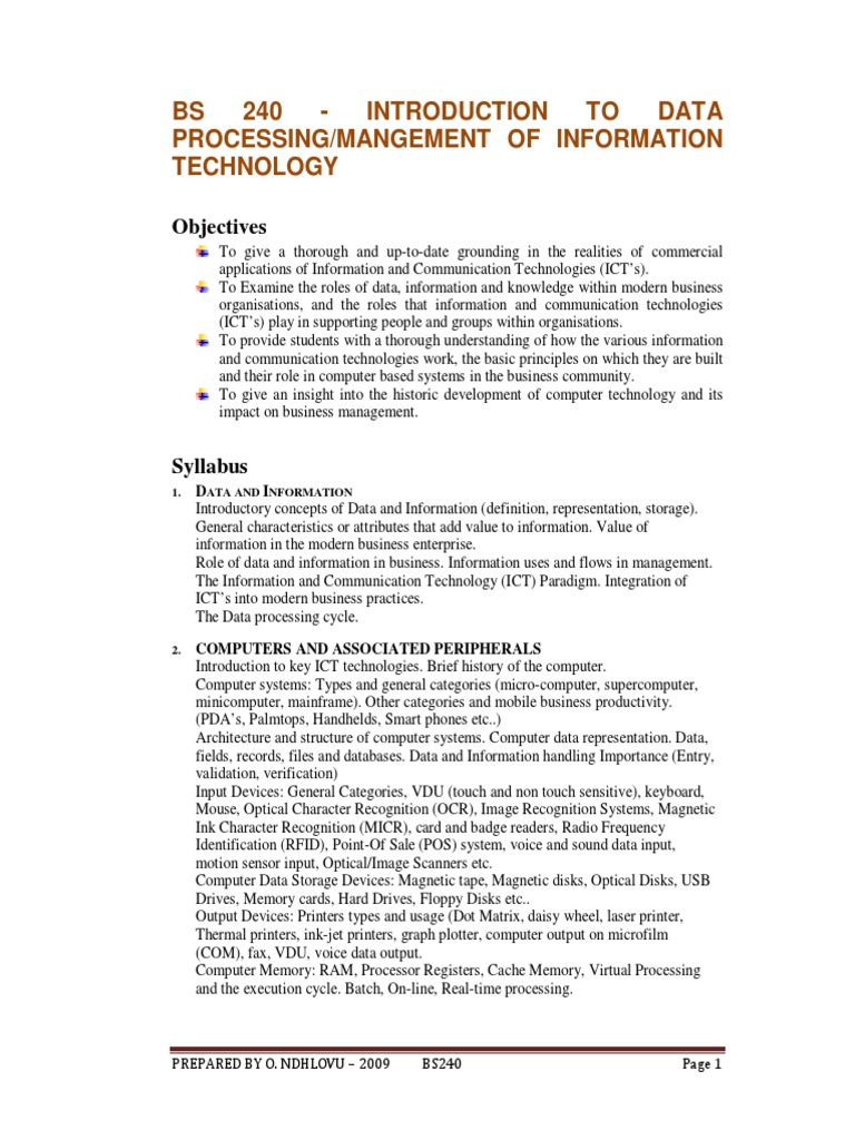 Introduction To Data Processing & Management of Information Technology ...