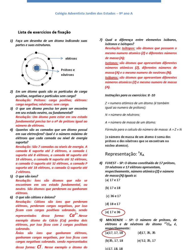 O ÁTOMO - Exercícios Gabarito | PDF | Próton | Nêutron