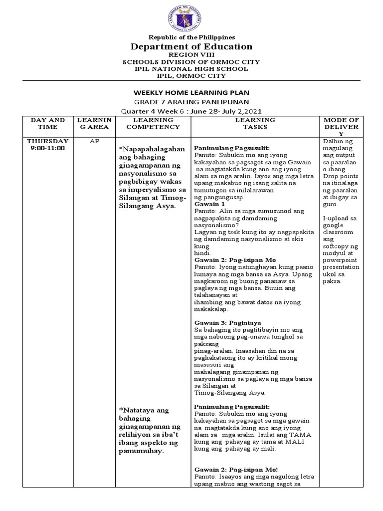Weekly Home Learning Plan Ap 7 Q4 Week 6 PDF