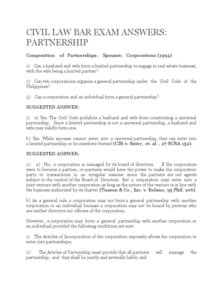 CIVIL LAW BAR EXAM ANSWERS Partnership PDF General Partnership
