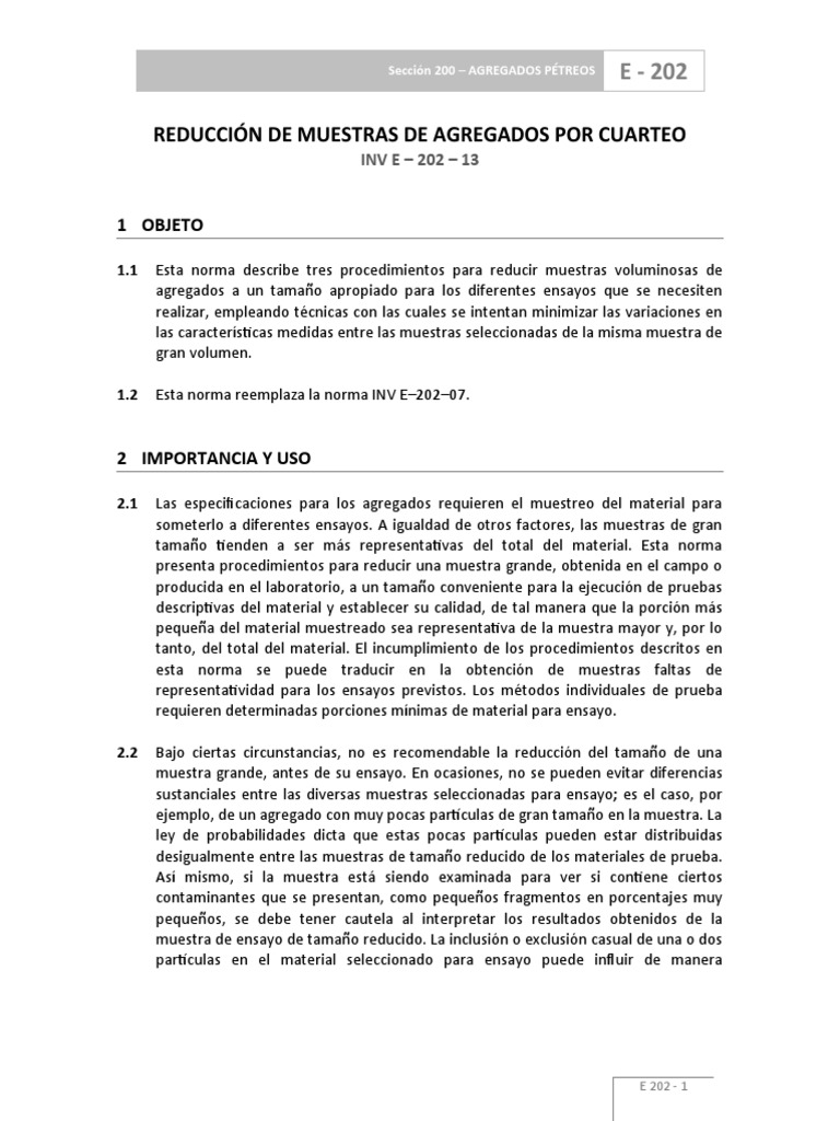 Norma INV E-202: Reducción de Muestras | PDF | Science | Ingeniería