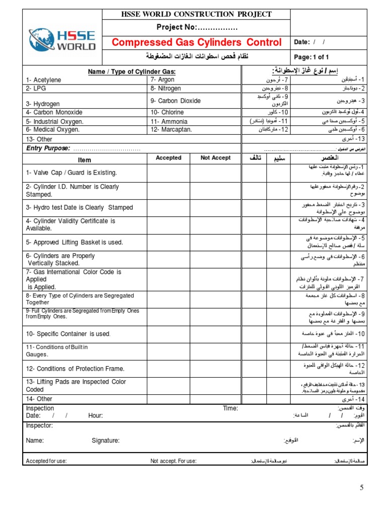 Compressed Gas Cylinders Access Control Inspection Checklists PDF
