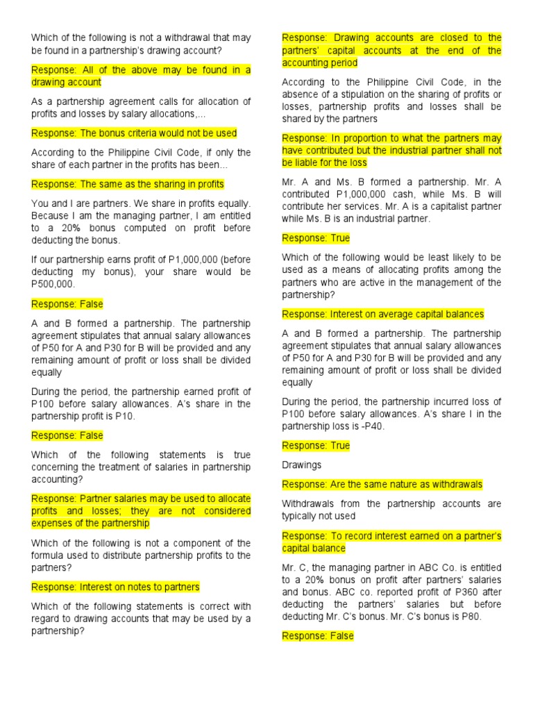 Quiz In Partnership Operations Pdf Free Pdf Partnership Salary