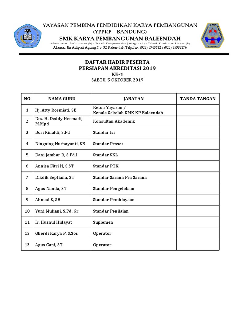 Daftar Hadir Akreditasi SMK KP Baleendah | PDF