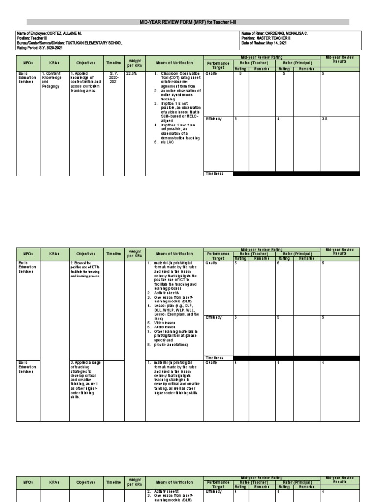 Mid-Year Review Form (MRF) For Teacher I-Iii | PDF | Educational ...