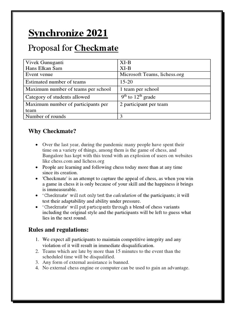 1 - Proposal For 'Checkmate', PDF, Traditional Games