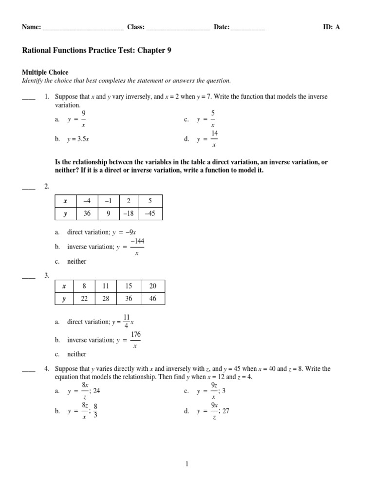 Rational Functions Practice Test: Chapter 9 | PDF | Asymptote ...