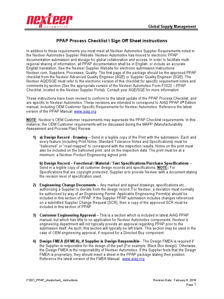 PPAP Process Checklist / Sign Off Sheet Instructions | PDF ...