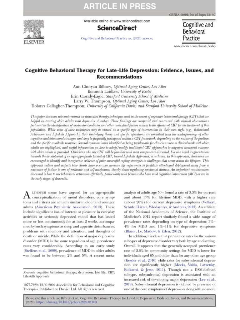 Sciencedirect: Cognitive Behavioral Therapy For Late-Life Depression ...