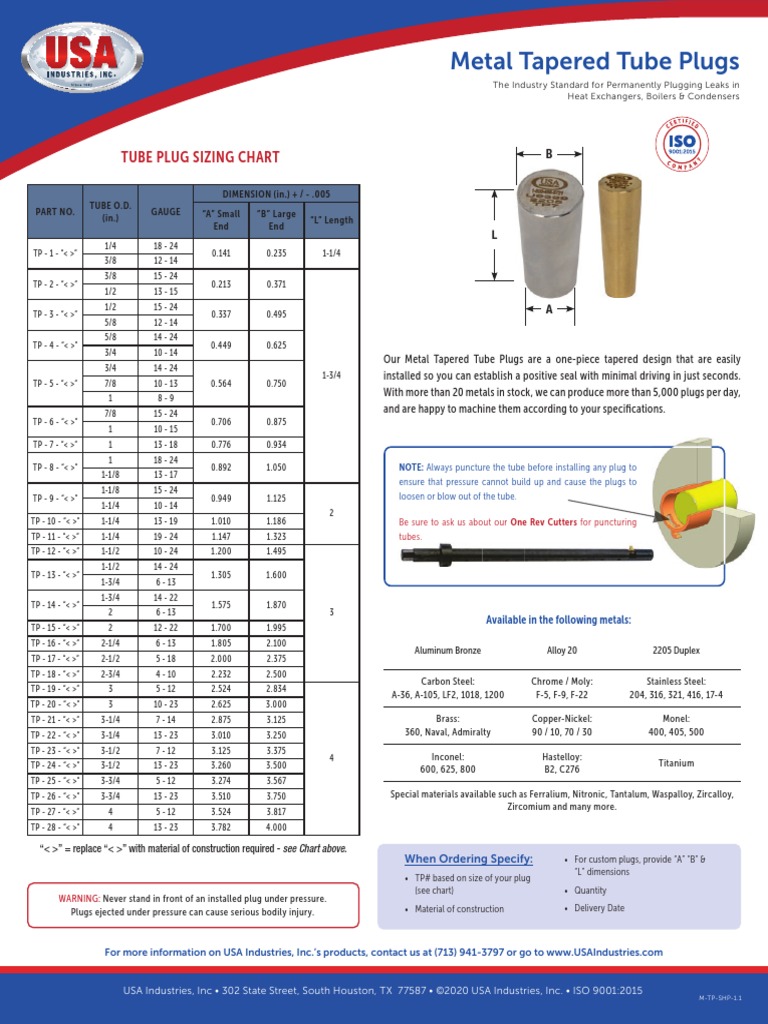 Metal Tapered Tube Plugs Tube Plug Sizing Chart PDF Heat Exchanger