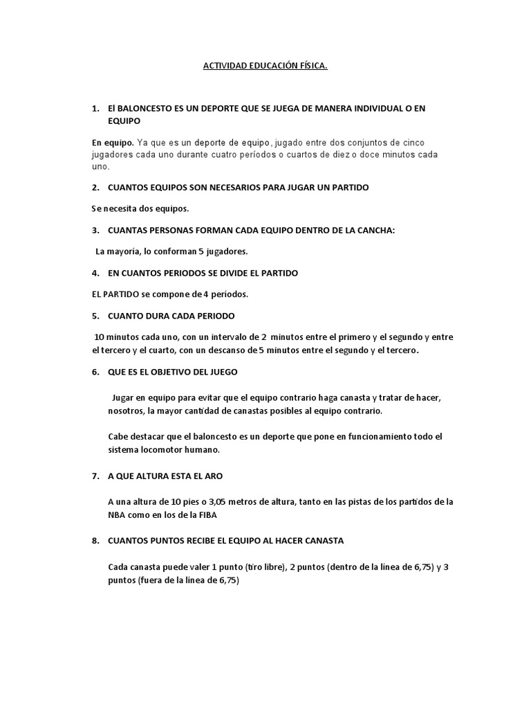 Cuestionario Acerca Del Baloncesto. Educación Física. | PDF | Pelota | Ocio