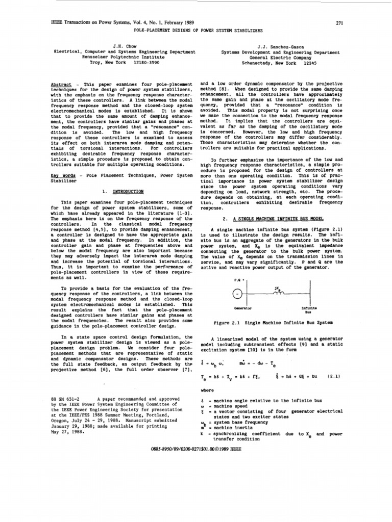 PolePlacement Designs of Power System Stabilizers PDF Control