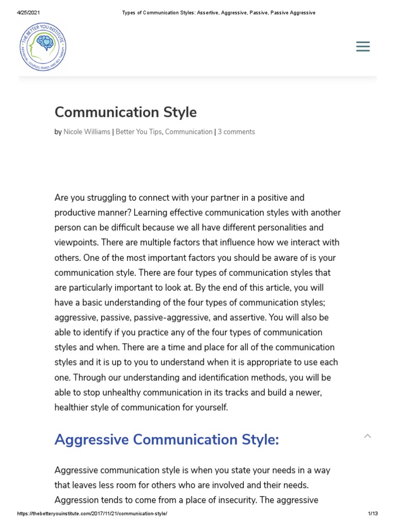 Types of Communication Styles Assertive, Aggressive, Passive, Passive Aggressive PDF