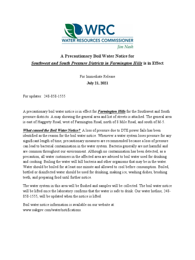 Boil Water Notice Issued For Parts of Farmington Hills After Power