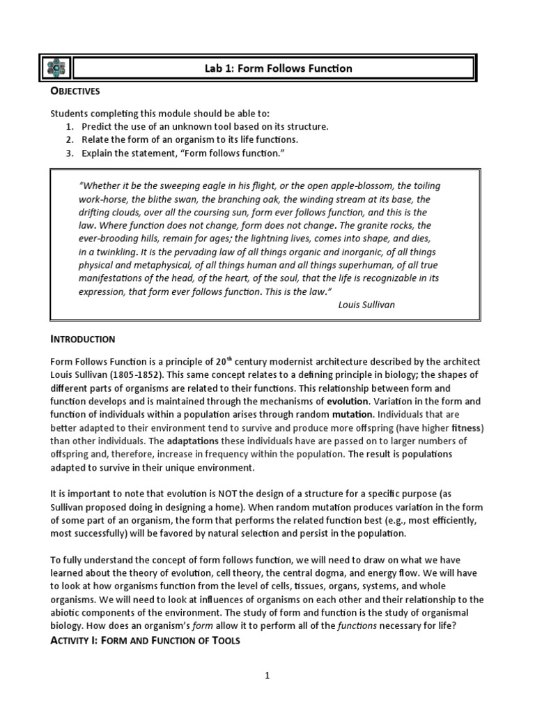 Form Follows Function LabS19 | PDF | Biology | Organisms