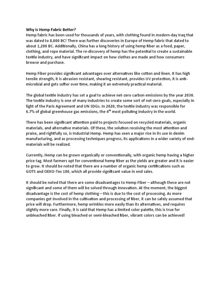 The Environmental and Performance Benefits of Hemp Fabric Over Cotton, Linen, and Wool PDF