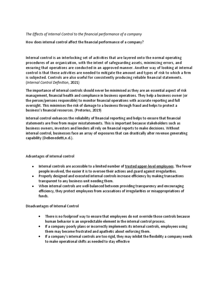 The Effects of Internal Control To The Financial Performance of A ...