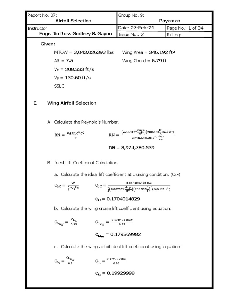 Airfoil Selection Engr. Jio Ross Godfrey S. Gayon Given: Lbs | PDF ...