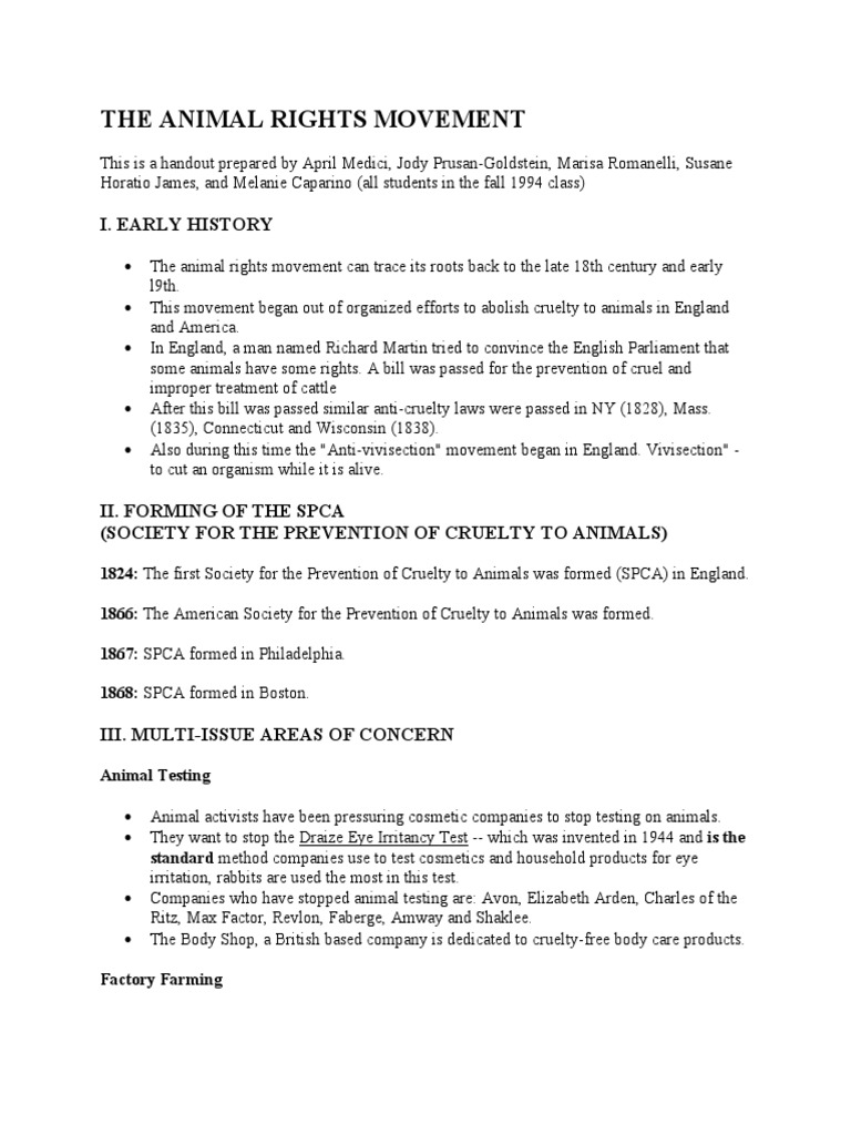 The Animal Rights Movement I. Early History PDF Animal Rights Rights