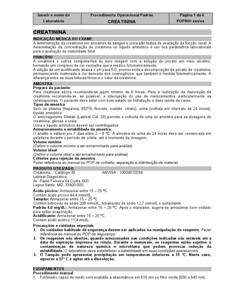 Procedimento para Dosagem de Creatinina | PDF | Creatinina | Química