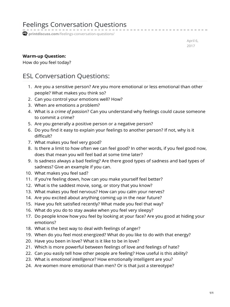 ESL Feelings Conversation Questions | PDF | Self-Improvement