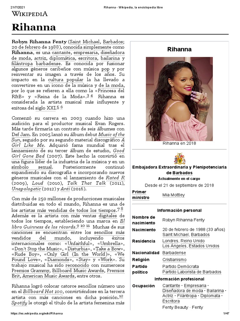 Rihanna Wikipedia La Enciclopedia Libre PDF Industria de la musica Musica contemporanea