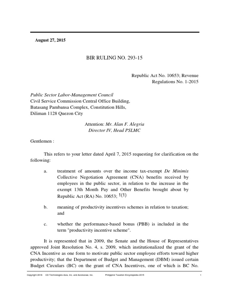 Bir ruling 293 2015 productivity incentive de minimis pdf taxes
